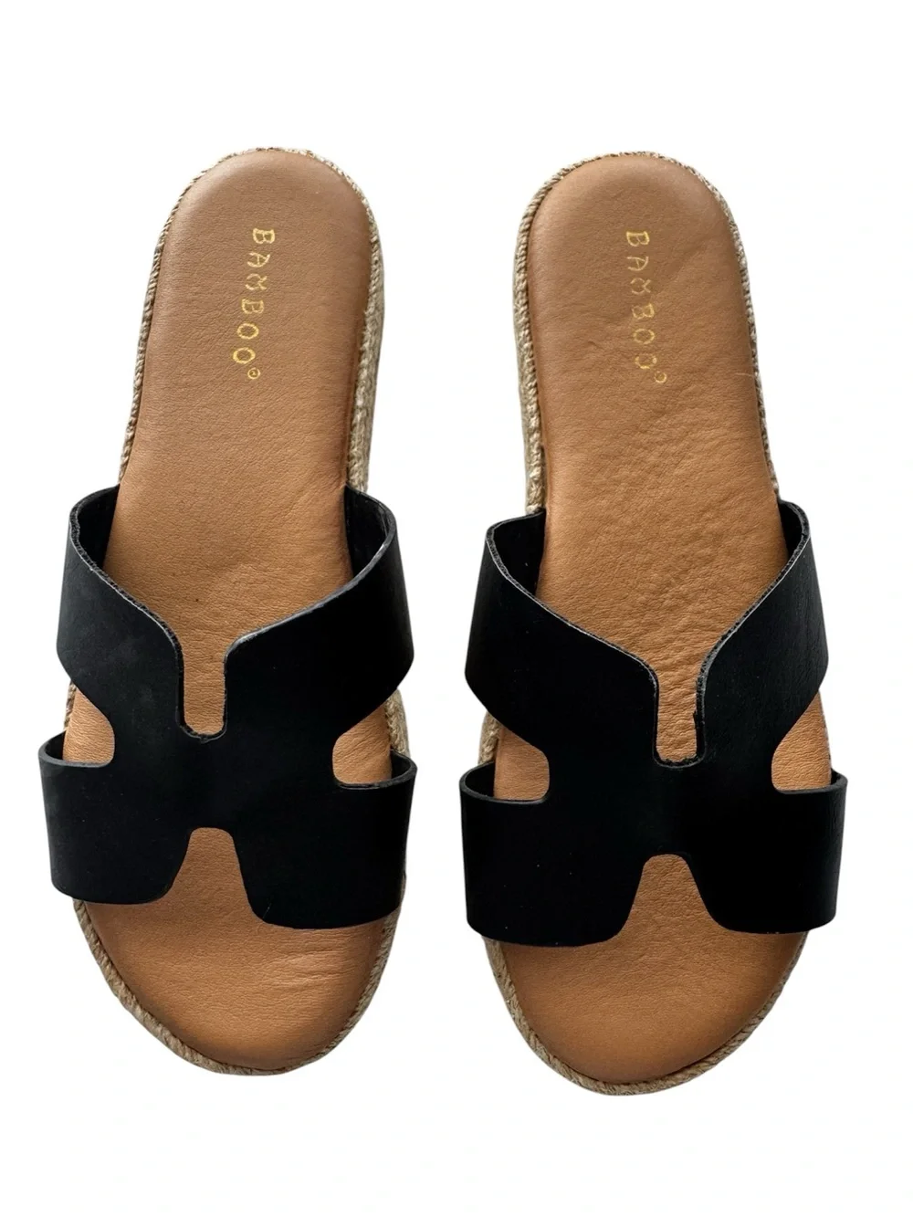 Bamboo‎ Womens H Band Platform Slide Sandals Size 7 Black Tan